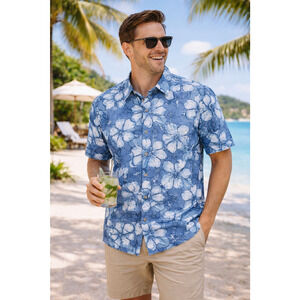 Old Navy Hawaiian Shirt Mens XXL Blue White Floral Button Up Short Sleeve Cotton